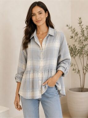 American Eagle Outfitters Light Blue and White Plaid Button-Front Peplum Shirt X